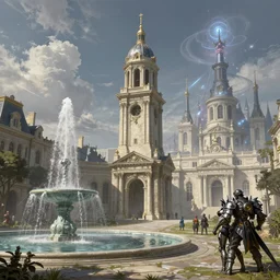 a neoclassical tower with dome on a fantasy city next to a fountain and a mystical palace. by rembrant, battle angel alita, ralph mcquarrie, aluminum, 1 6 6 7