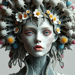 complex 3 d render hyper detailed ultra sharp beautiful futuristic close - up stunning biomechanical humanoid woman with carved porcelain ivory face, iris van herpen daisies corals filigree lace cyberpunk haute couture headdress with rhizomorph finials spires, brackets, fractal colorful puffballs, octane render, 8 k
