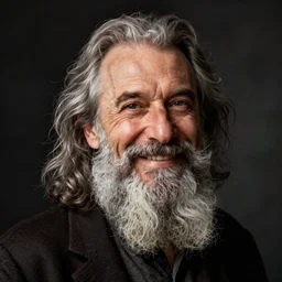 A smiling professor with a flowing grey beard by David Bromley, portrait