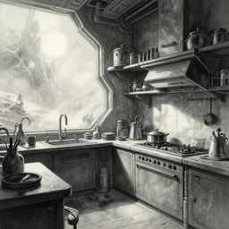 windswept scifi kitchen. gouache by award - winning mangaka, chiaroscuro, intricate details, bokeh, backlighting, field of depth