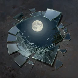 a broken mirror, many pieces, cracked, broken, many shards, lying on the ground, reflection of the moon, very detailed, digital painting, oil painting, moonlight, dark night, hyperrealistic, highly detailed, beautiful, artstation, cgsociety, illustration