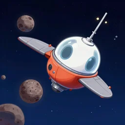 space probe near asteroid, cartoon style, highly detailed