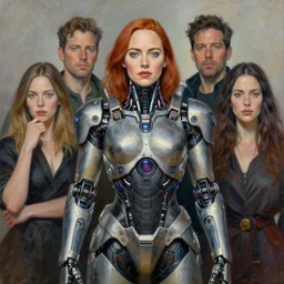 portrait of emma stone wearing cybernetic power armor. intricate painting by ross tran, magali villeneuve, and jeremy mann.
