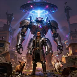 Shadowrun Nazarene Danny Trejo Angelic Knight Paladin templar borderlands gta 5 mecha ROBOT emerging from a a dense semantik network in the AJEGUNLE SLUMS of Lagos inside african JESUS CHRIST about AESTHETICS surrounding large an anthropomorphic opossum UFO within NEON rays of light , 8K