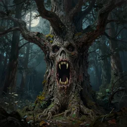 a talking oak tree, a face in the bark, eyes in the bark, mouth in the bark, horror fantasy concept art, sharp teeth, digital painting, oil painting, hyperrealistic, treebeard, ent, undead, zombie, monster, moonlight, in the forest, by greg rutkowski by alan lee by artgerm