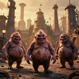 photo of oompa loompas, creepy!!!, scaly!!!, gritty!!!, menacing!!!, evil, ultra realistic, gritty, outside of chocolate factory, golden hour, volumetric lighting, sharp focus