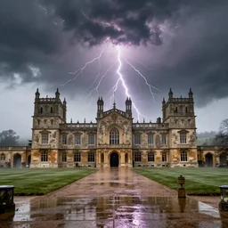 a magnificent english manor, rainy day, foggy countryside, wide angle, ornamental, grandiose architecture, epic scale, super resolution, very detailed, lightning, dark clouds, ray tracing, dark reflections, photorealistic