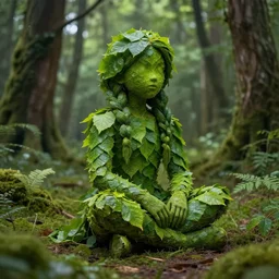 young girl made of plants sitting in a forest with skin made of leaves, dnd, matte painting, 4 k