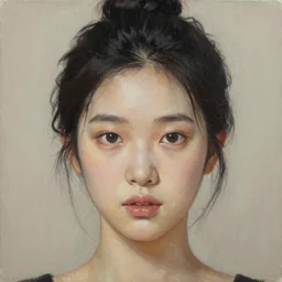 portrait of a beautiful woman, square-faced, sand-colored skin, harried bun of black hair, korean, soft details, dark brown eyes, matte painting oil on canvas by mark arian by artgerm, trending on artstation, 4k, 8k, HD