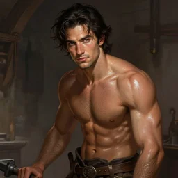 photo portrait of adam brody as a blacksmith, dark hair, dressed!! handsome, upper body, muscular, shiny skin, fantasy, intricate, elegant, highly detailed, digital painting, artstation, concept art, smooth, sharp focus, illustration, art by gaston bussiere and greg rutkowski