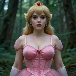intricate real life princess peach, tight push up bra, large bust, forest, cinematic, aesthetics, full pov