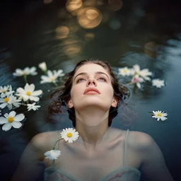 An vintage analog portrait photography of a woman looking up floating in water and flowers by Maxim Nikolaev. Kodak Portra 800 film. shallow depth of field. (Depth of field). whirl bokeh!!. Golden hour. detailed. hq. realistic. warm light. muted colors. dark Mood. Filmic. Dreamy. lens flare. Mamiya 7ii, f/1.2, symmetrical balance, in-frame