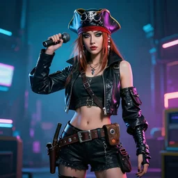 photo of a cyberpunk female pirate