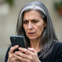 astonished and angry middle aged lady looking at smartphone, unsure expression, greek ethnicity, thin face structure, uncombed straight grey black hair, angry eyes, photo, realistic, outdoor lighting, 4 k, 8 k, hd, 3 9 mm lens