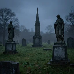 memorial statues in a gothic cemetery at dusk, overgrown grass, dramatic, gloomy, volumetric light, ground mist, featured on art station