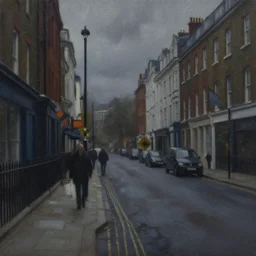dark oil realistic painting of extremely gloomy communist streets in london