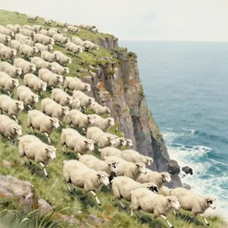 hundreds of white sheep running fast in the direction of a cliff and we can see them falling down the rocks below to the sea, there is one single black sheep going against the crowd, old colored sketching, lateral sideways horizon wide shot