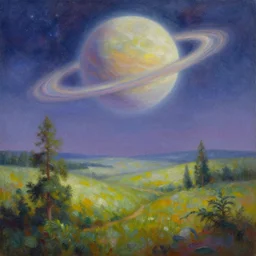 oil painting of a beautiful magical landscape with a planet in the sky
