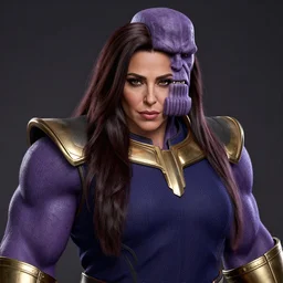 a portrait of nancy ajram as thanos, hyper detailed, digital art, trending in artstation, cinematic lighting, studio quality, high quality render, unreal engine 5 rendered, octane rendered