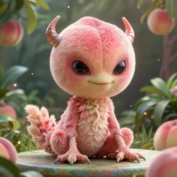 an alien with a face that looks like a fuzzy peach the peach is fuzzy pink warm and ripe the alien has horns and a mean smile the alien has chicken feet cruel smile sitting on a table in a lush garden, 4k, highly detailed, high quality, amazing, high particle effects, glowing, majestic, soft lighting, flat background