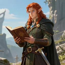 a fantasy elf that is a wizard, holding a spell book and a dagger, with red hair, blue eyes, and is tall