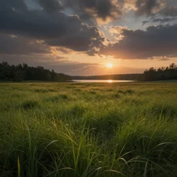 a beautiful grassy meadow at sunset, lake, a detailed matte painting by andreas rocha and greg rutkowski, featured on artstation, fantasy art, matte drawing, matte painting, artstation hq