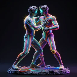 full body, alan turing wrestling with agent smith, sculpture by auguste rodin, multicolored glowing tubes, glowing digital eyes, 8 k, front shot, symetrical, flourescent colors, halluzinogenic, multicolored, insanely detailed, 3 d render, octane