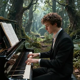 pianist playing piano in a fantasy forest, landscape, cinematic, digital art, front lit, epic, cinematic