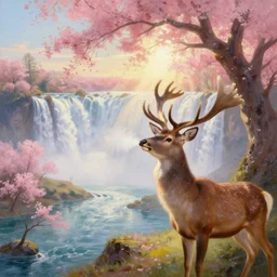 the most beautiful panoramic landscape, oil painting, where a giant dreamy waterfall creates a river, the trees around are starting to bloom in pink colors, a majestic deer is in close - up and it is under a giant tree while it is exhaling steam, the ray lights of the sunrise are brightening him, by greg rutkowski