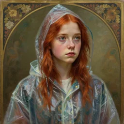 a realistic portrait painting of a thoughtful girl resembling a young, shy, redheaded alicia vikander or millie bobby brown wearing a clear raincoat, highly detailed, intricate, concept art, artstation, by donato giancola, alphonse mucha, and william bouguereau