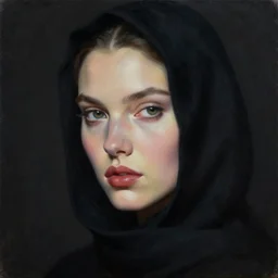 hyperrealism oil painting, close - up portrait, fashion model in black hood, complete darkness, in style of classicism mixed with 8 0 s scifi