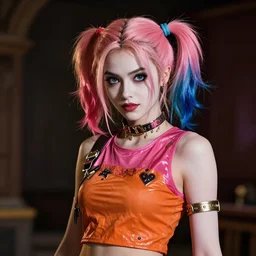 hyper - realistic + photorealistic render with very beautiful face, of pretty sorceress harley quinn, skintight orange dress, pink accessories, brown skin, pink hair from kingdom hearts + 3 in the style of final + fantasy 1 4, digital game - art by ross tran, movie composition by sana takeda, dramatic cinematic lighting by greg rutkowski