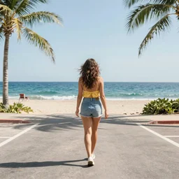 color photo, view from behind, a woman walking on the road near the beach, summer, photograph magazine