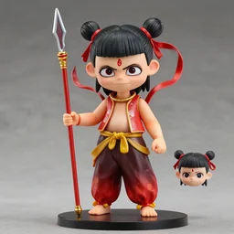 arty chinese mythology ne zha nendoroid full body hyperdetalied, hero pose, osamu tezuka, macoto takahashi, chibi, q posket, 8 k realistic, 3 d, cryengine, exquisite, red cloth around his shoulders, hold spear, ne zha ( 2 0 1 9 ), fenghua zhong,