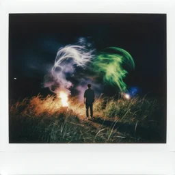 It is dark all around. The wind and torchlight make whorls of shadow and light as you as you weave among the grass; blinding silver, viridescent at shoulder height, at play. night time photography. vivid cosmic psychedelic polaroid.