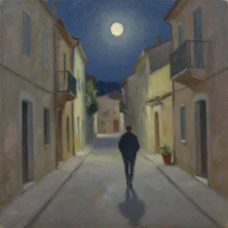 walking home at night through the empty narrow streets of a mediterranean town, 8 k, impasto paint, oil on canvas, muted colours, full moon shining,