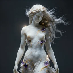 abstract female sculpture made of white marble and amethyst crystals quartz, ethereal lights, fine details, artstation. com, film still, cinematic photoshooting, luxury, strong wind blowing, wavy hair, dark mood, sad, cold colors, golden filigree, octane render, lens flare
