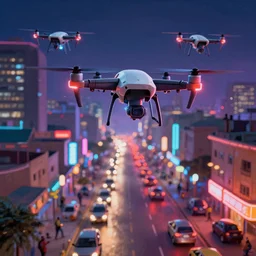 3 d vfx art of flying drones above - a neon lit - bustling lagos urban street - in nigeria, cinestill 8 0 0 t photograph, illustration in the style by philippe bouchet, unreal engine render, digital illustration, sharp, intricate detail, volumetric light, ray tracing, soft light, claymation style, acrylic on canvas