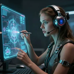 beauty woman wearing a sci-fi headset, analysing a holographic display of an alien technology, electrical case display, 80s Aliens tech, ultrarealistic, dramatic lighting, electrical details, high details, 4k, 8k, best, accurate, trending on artstation, artstation, photorealism, ultrarealistic, digital painting, style of Peter Mohrbacher and Boris Vallejo and Wayne barlowe
