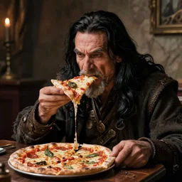 a grumpy old danish man with long black hair eating pizza while DMing an AD&D game, D&D, rogue