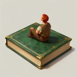 ((((((Red-haired peasant man)))))) from sitting!!!!!!!!!! on huge book!!!!!!!!. Brown shirt and pants. Huge book!!!!!!!!!!!! Tiny man!!!!!!!!!! Bookcover in green leather and gold details. Bird's eye view. Subject looking up. Style digital painting, concept art, smooth, sharp focus, illustration, from Metal Gear, by Ruan Jia and Mandy Jurgens and William-Adolphe Bouguereau, Artgerm