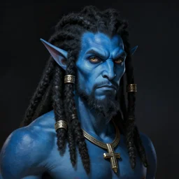 portrait of a blue skin genasi with a square jaw from d & d by greg rutkowski, blue skin, black dreadlocks and small beard, tempest priest, runic rings, d & d character, blue, black background, highly detailed portrait, digital painting, artstation, concept art, smooth, sharp foccus ilustration, artstation hq