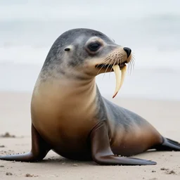 professional photo of a sea lion body and canine wolf muzzle head half wolf half sea lion strange chimera discovered on the beach