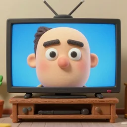 man huge television screen forehead tiny face claymation
