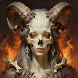 stunning modern art goddess of skull portrait, horns, bones skull, dirt, fire background fantasy, intricate, elegant, highly detailed, digital painting, artstation, concept art, smooth, sharp focus, illustration, art by afshar petros and krenz cushart and artem demura