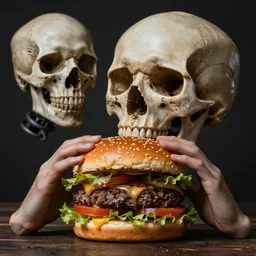 death looking at a burger, surrealistic art, highly detailed, 4 k