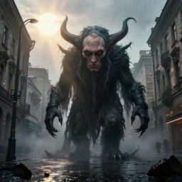 cthulhu with face of putin destroying khreshchatyk street, a center of kyiv, dark, trending on artstation, digital art, fog, sun flare, rain