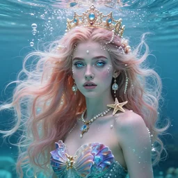 “ rosamund pike portrait, fantasy, mermaid, hyperrealistic, game character, underwater, highly detailed, sharp focus, cinematic lighting, pearls, glowing hair, shells, gills, crown, water, highlights, starfish, jewelry, realistic, digital art, pastel, magic, fiction, ocean, king, colorful hair, sparkly eyes, fish, heroic, goddess, waves, bubbles, queen ”
