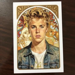 cute justin bieber trading card design, natural lighting, path traced, highly detailed, high quality, digital painting, by don bluth and ross tran and studio ghibli and alphonse mucha, artgerm