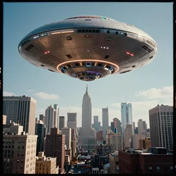a pfotograph of an giantic ufo over new york, movie poster, rule of threes, film photography, 3 d render, trending on artstation, 3 d society, futurism